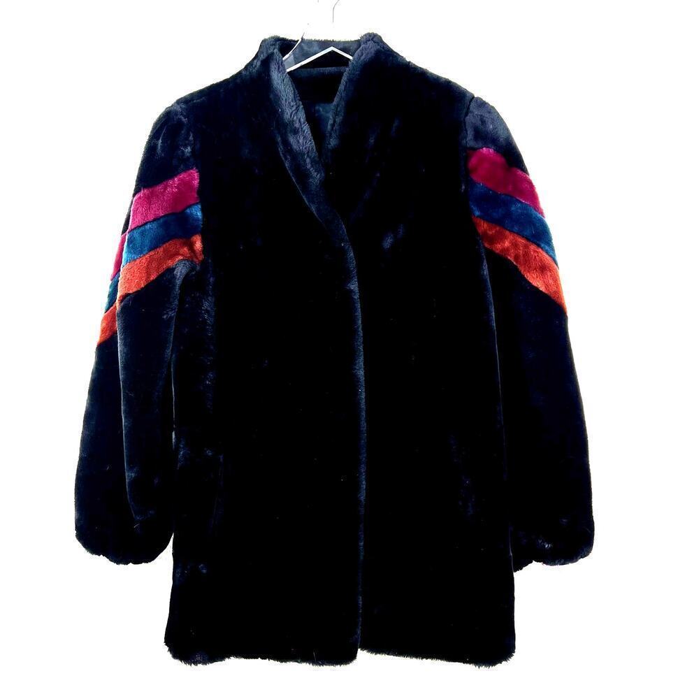Vintage Sasson Borgazia Faux Fur Coat Jacket Black Rainbow Striped Arm 80s